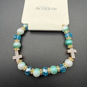 Blossom Beaded Stretch Bracelet Cross‎ Charms Blue Green Silver Tone